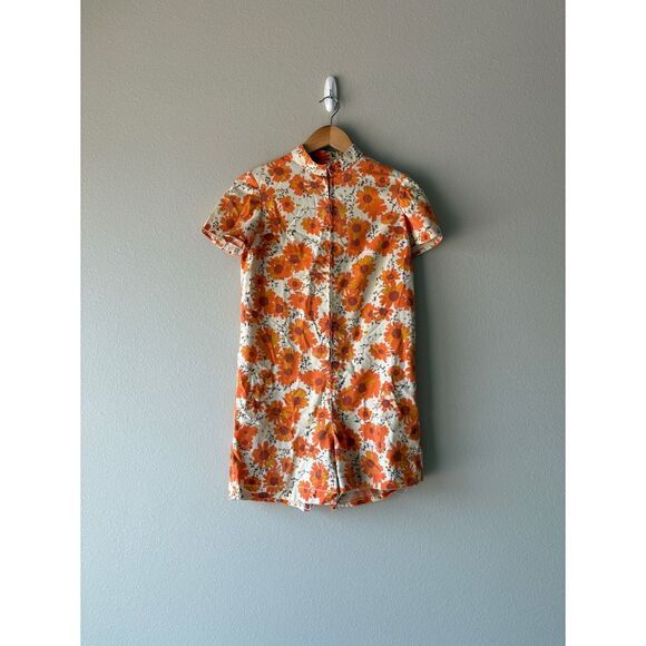 Vintage Pants - vintage 70s floral short sleeve zip up romper jumpsuit